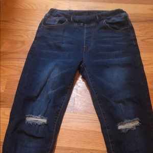 Jeans, distressed, pull-on, elastic waste, Small.